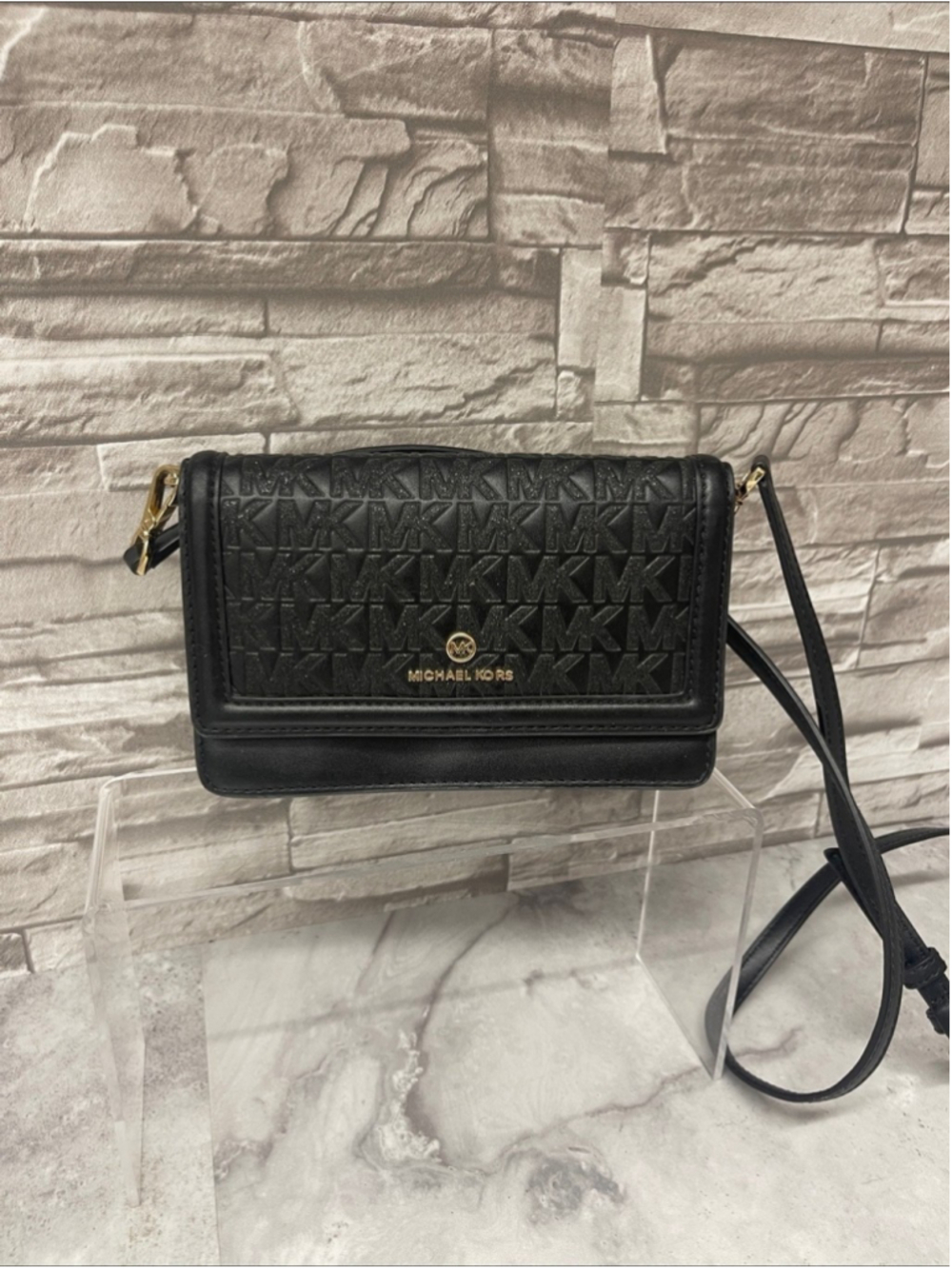 Michael Kors Charm Black Glitter Phone Wallet Crossbody